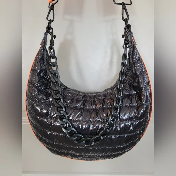 BCBGeneration Stylish Black Quilted Bag Puffer Tote Multicolor Strap NWOT - Picture 4 of 9